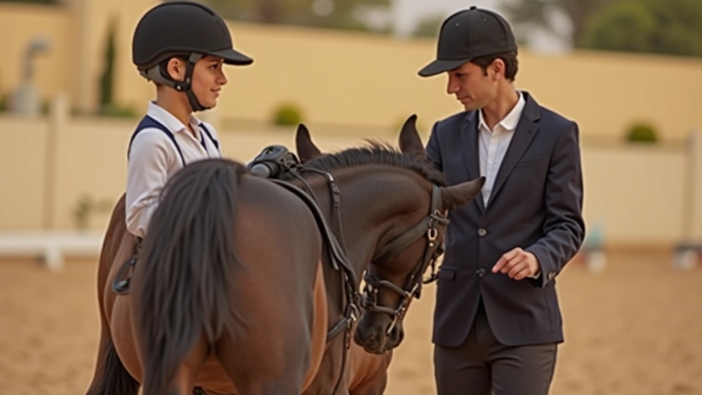 مدرب الفروسية يعمل مع الفارس الطالب لتعليم أساسيات الرقص